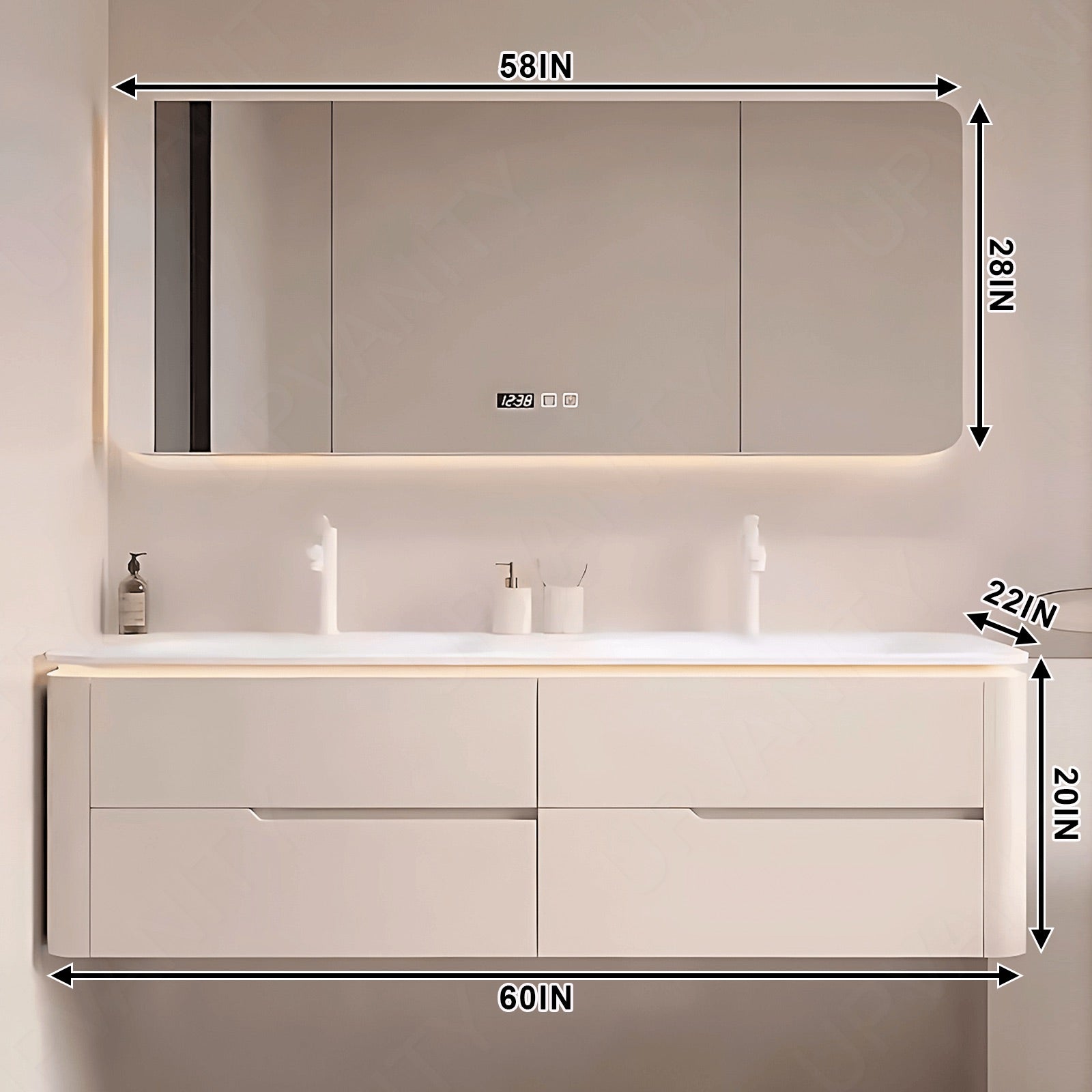 Modern Bath Vanity Set, Beige, Rounded Edge, 52"- 78", Double, Floating, Sensor Light, Smart LED Mirror, Rear Cabinet
