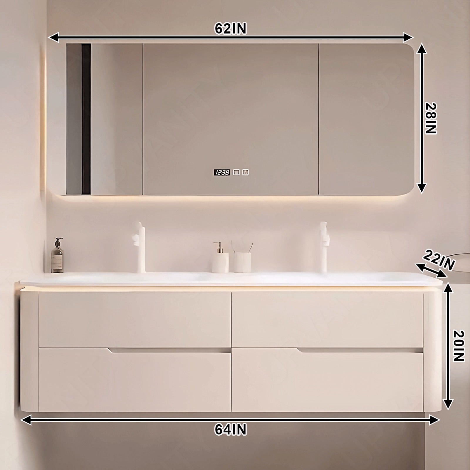 Modern Bath Vanity Set, Beige, Rounded Edge, 52"- 78", Double, Floating, Sensor Light, Smart LED Mirror, Rear Cabinet
