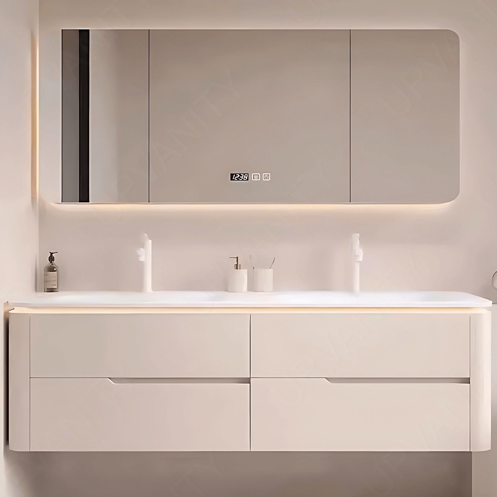 Modern Bath Vanity Set, Beige, Rounded Edge, 52"- 78", Double, Floating, Sensor Light, Smart LED Mirror, Rear Cabinet
