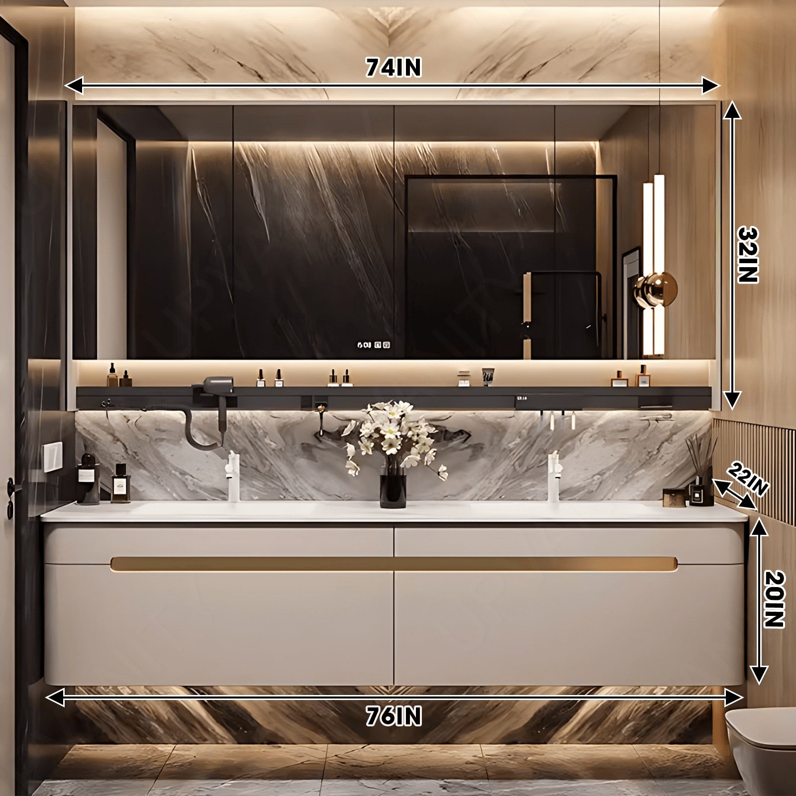 Modern Bath Vanity Set, Beige, Rounded Edge, 60"- 78", Double, Floating, Smart LED Mirror, Rear Cabinet, Storage Rack