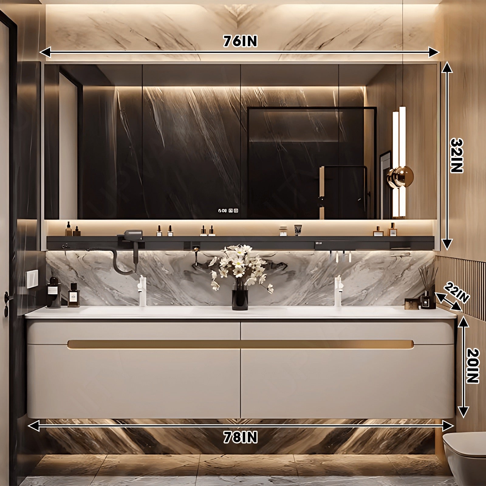 Modern Bath Vanity Set, Beige, Rounded Edge, 60"- 78", Double, Floating, Smart LED Mirror, Rear Cabinet, Storage Rack