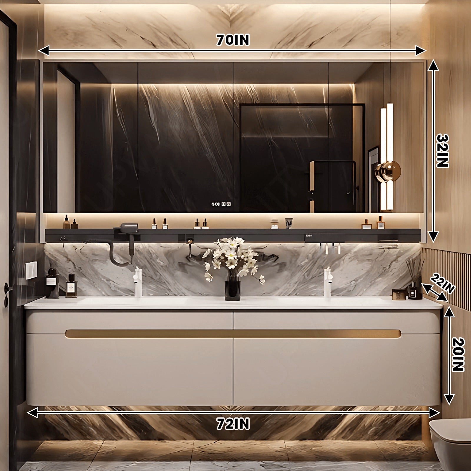 Modern Bath Vanity Set, Beige, Rounded Edge, 60"- 78", Double, Floating, Smart LED Mirror, Rear Cabinet, Storage Rack