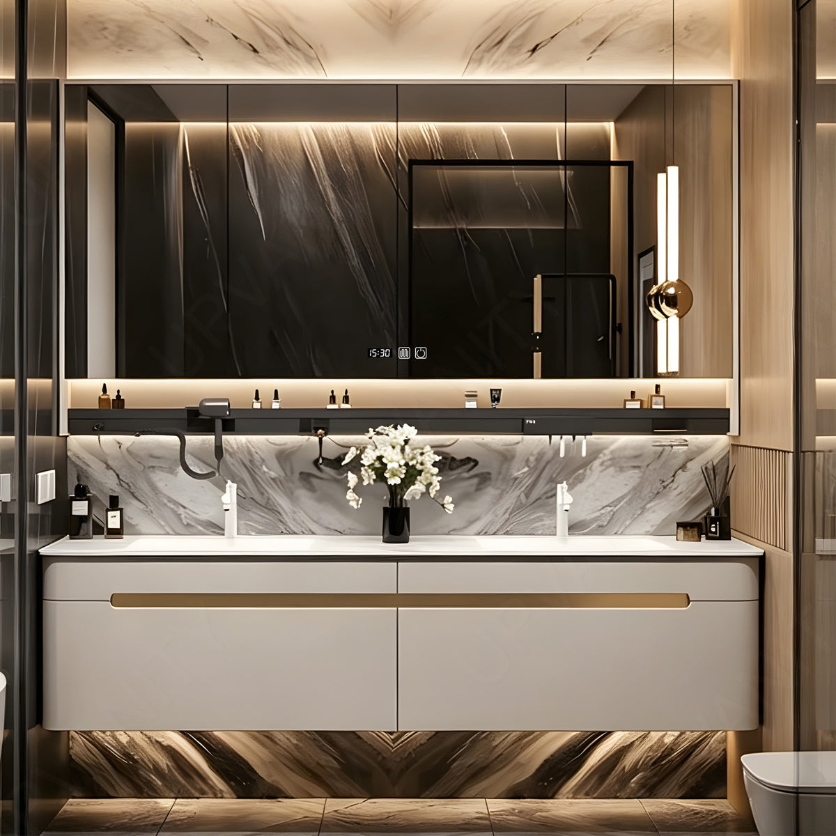 Modern Bath Vanity Set, Beige, Rounded Edge, 60"- 78", Double, Floating, Smart LED Mirror, Rear Cabinet, Storage Rack