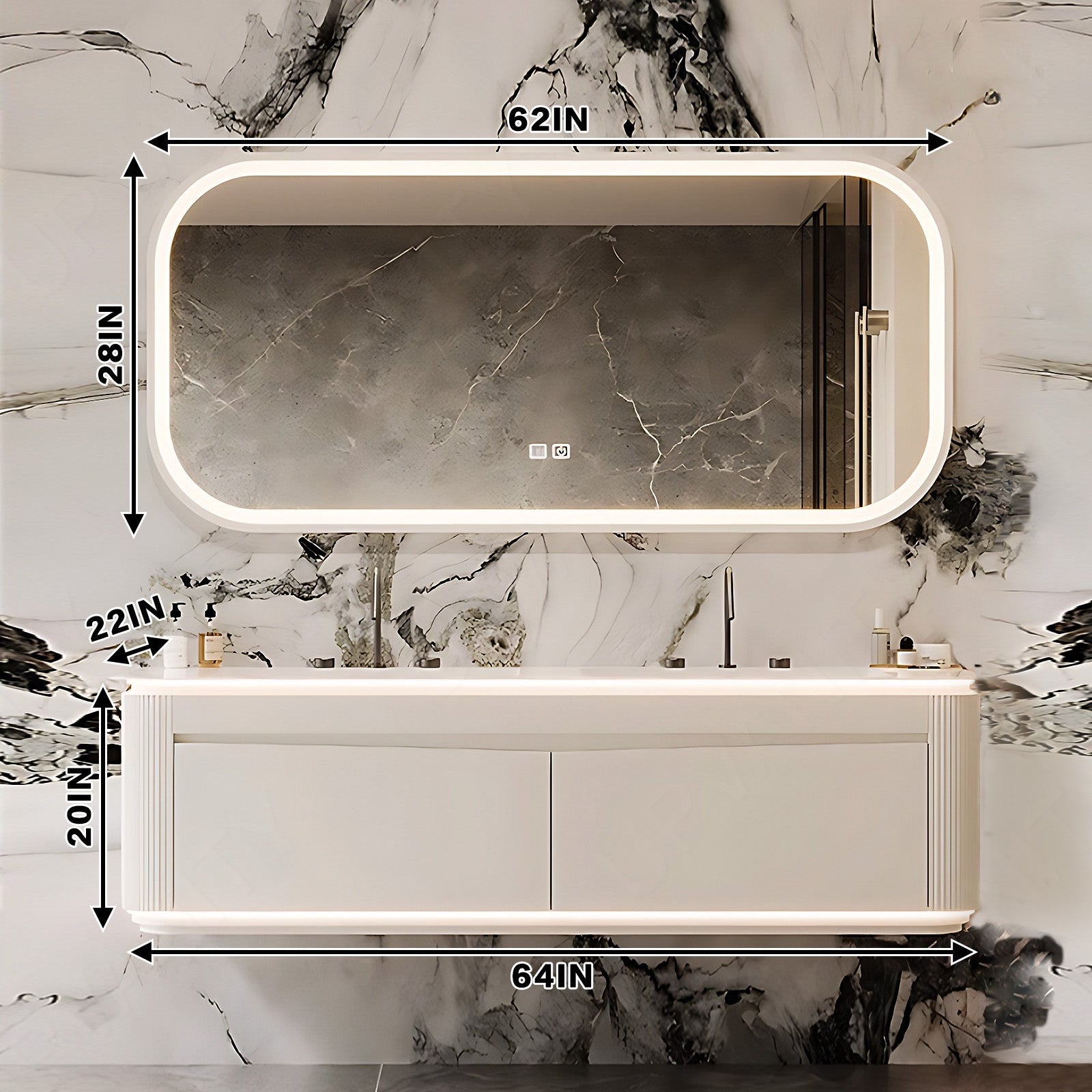 Modern Bath Vanity Set, Beige, Rounded Edge, Striped Panel, 52"- 78", Double, Floating, Sensor Light, Smart LED Mirror