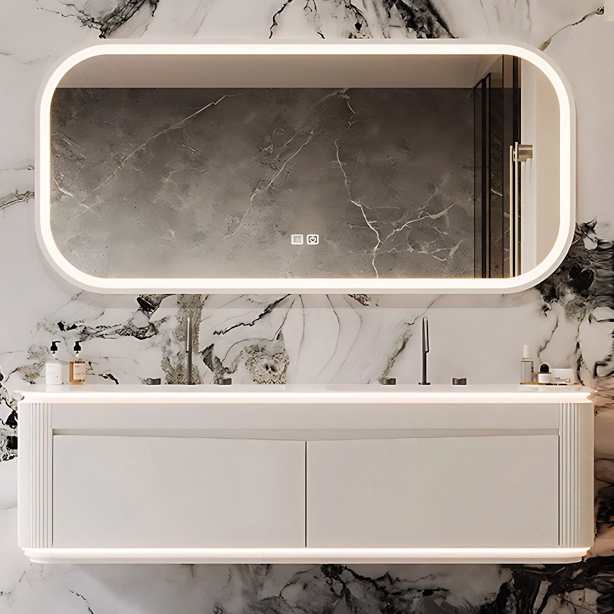 Modern Bath Vanity Set, Beige, Rounded Edge, Striped Panel, 52"- 78", Double, Floating, Sensor Light, Smart LED Mirror