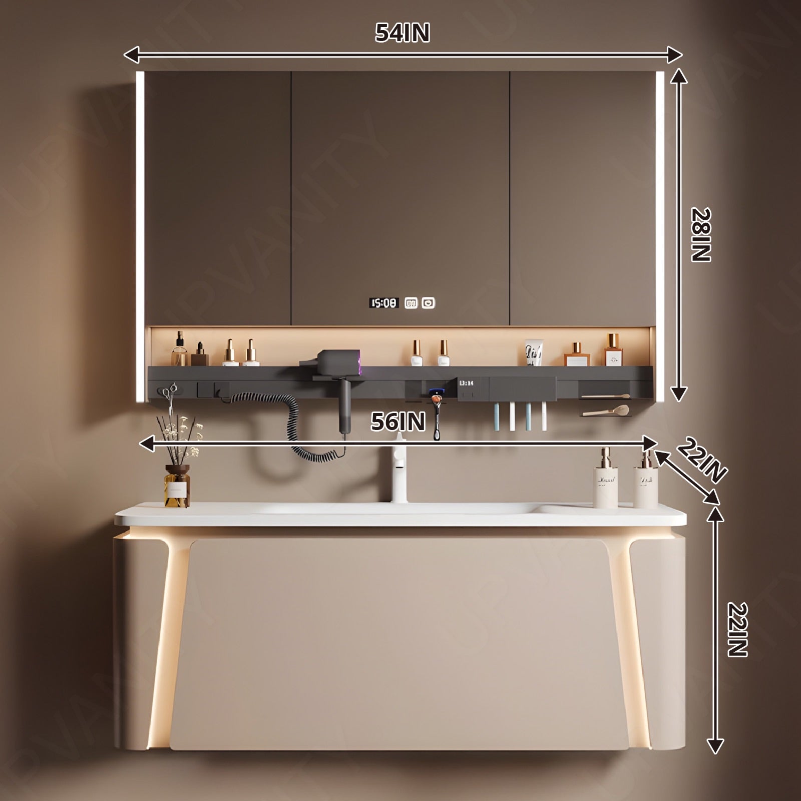 Modern Bath Vanity Set, Beige, Slate White Top, 40"-64", Single, Floating, Smart LED Mirror, Rear Cabinet, Storage Rack