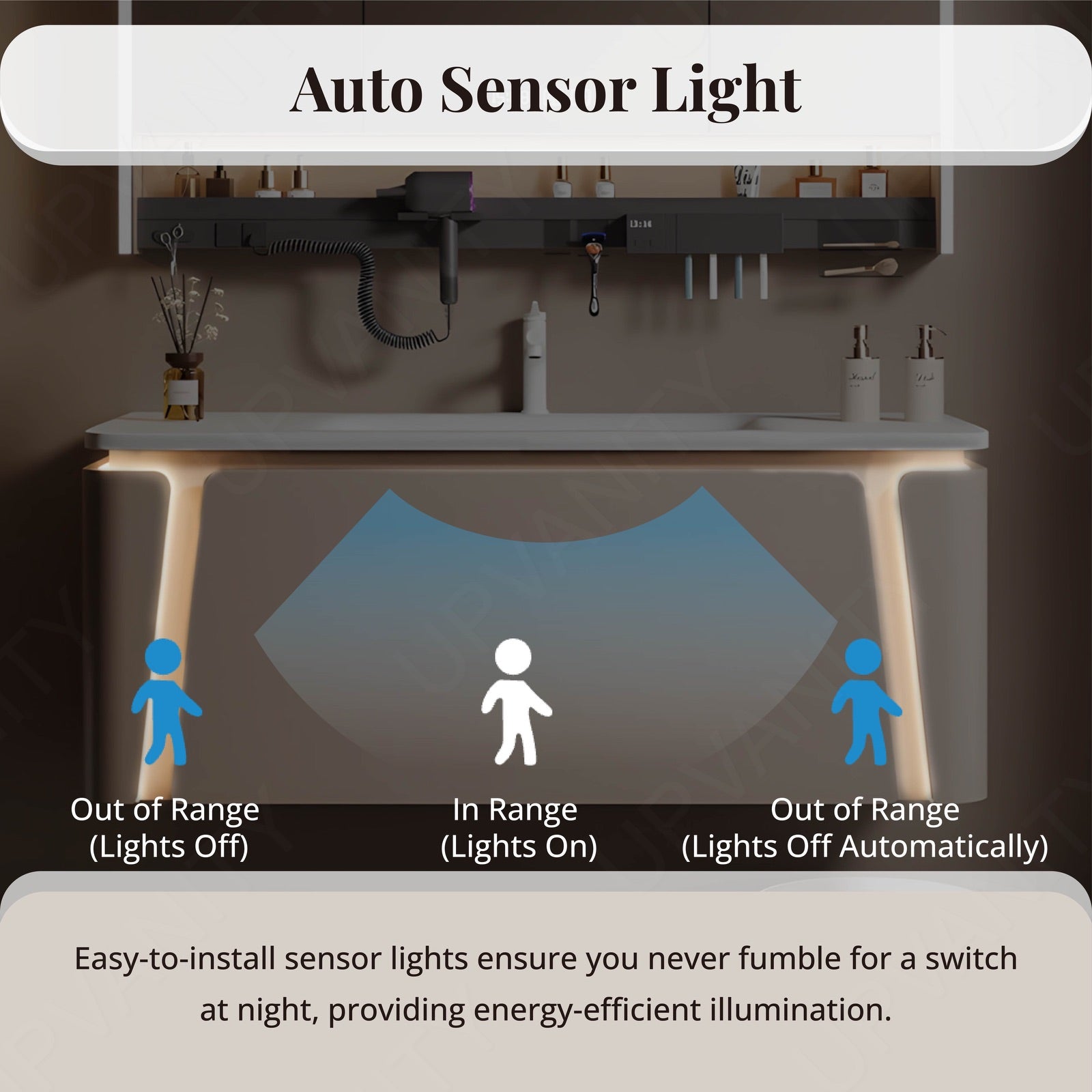 Modern Bath Vanity Set, Beige, Slate White Top, 40"-64", Single, Floating, Smart LED Mirror, Rear Cabinet, Storage Rack