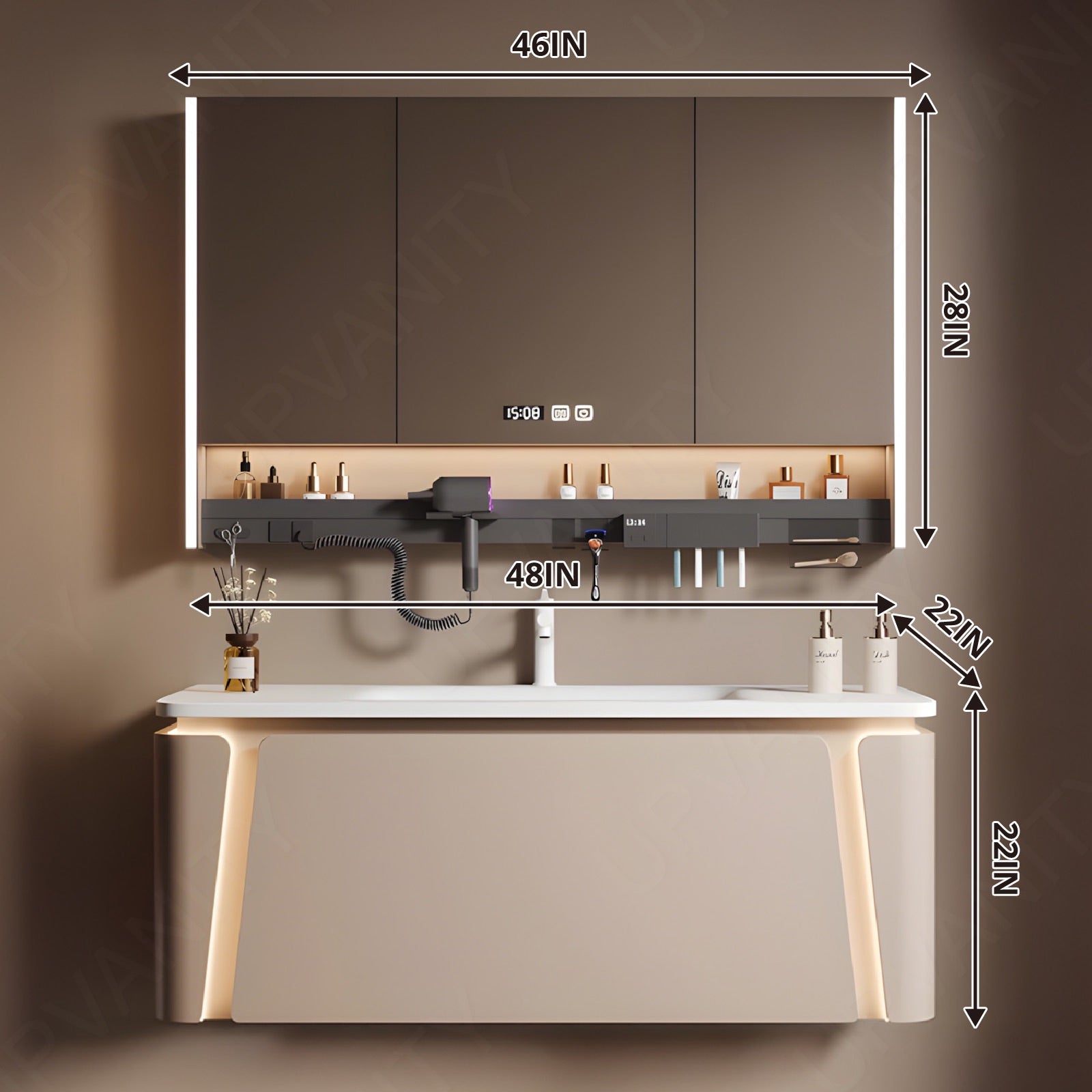 Modern Bath Vanity Set, Beige, Slate White Top, 40"-64", Single, Floating, Smart LED Mirror, Rear Cabinet, Storage Rack