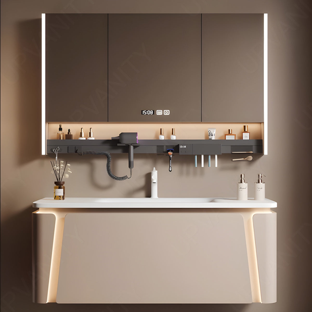 Modern Bath Vanity Set, Beige, Slate White Top, 40"-64", Single, Floating, Smart LED Mirror, Rear Cabinet, Storage Rack