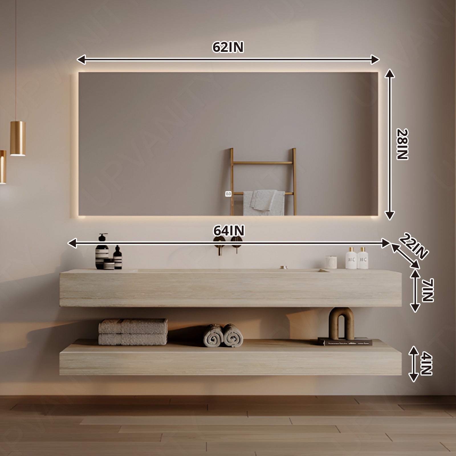 Modern Bath Vanity Set, Beige, Split Beige Top, Open Storage, 36"-64", Single, Floating, Smart LED Mirror