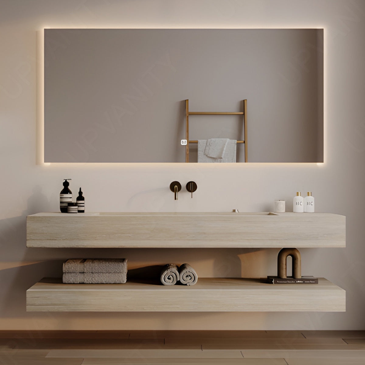Modern Bath Vanity Set, Beige, Split Beige Top, Open Storage, 36"-64", Single, Floating, Smart LED Mirror