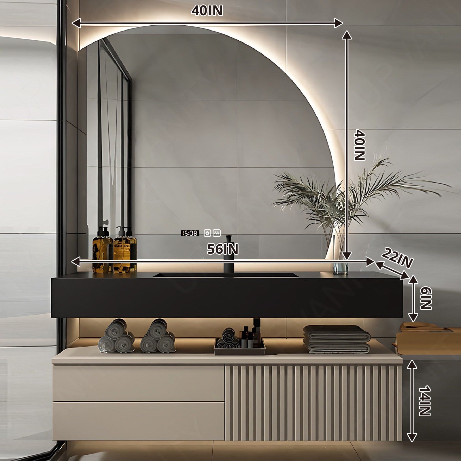 Modern Bath Vanity Set, Beige, Split Black Top, 36"- 60", Single, Floating, Striped Panel, Irregular Smart LED Mirror