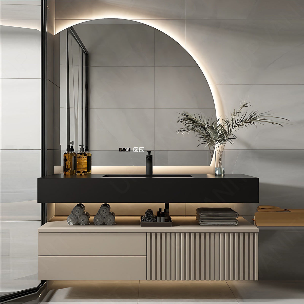 Modern Bath Vanity Set, Beige, Split Black Top, 36"- 60", Single, Floating, Striped Panel, Irregular Smart LED Mirror