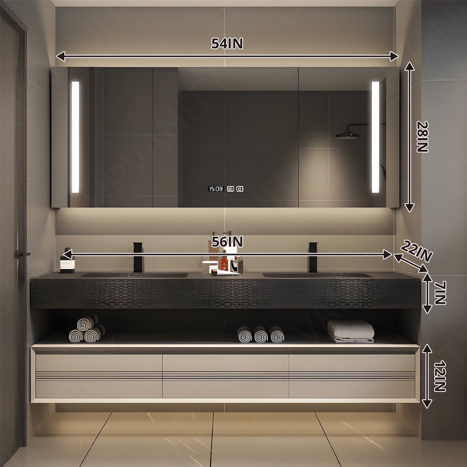 Modern Bath Vanity Set, Beige, Split Black Top, 56"- 78", Double, Floating, Smart LED Mirror, Rear Cabinet