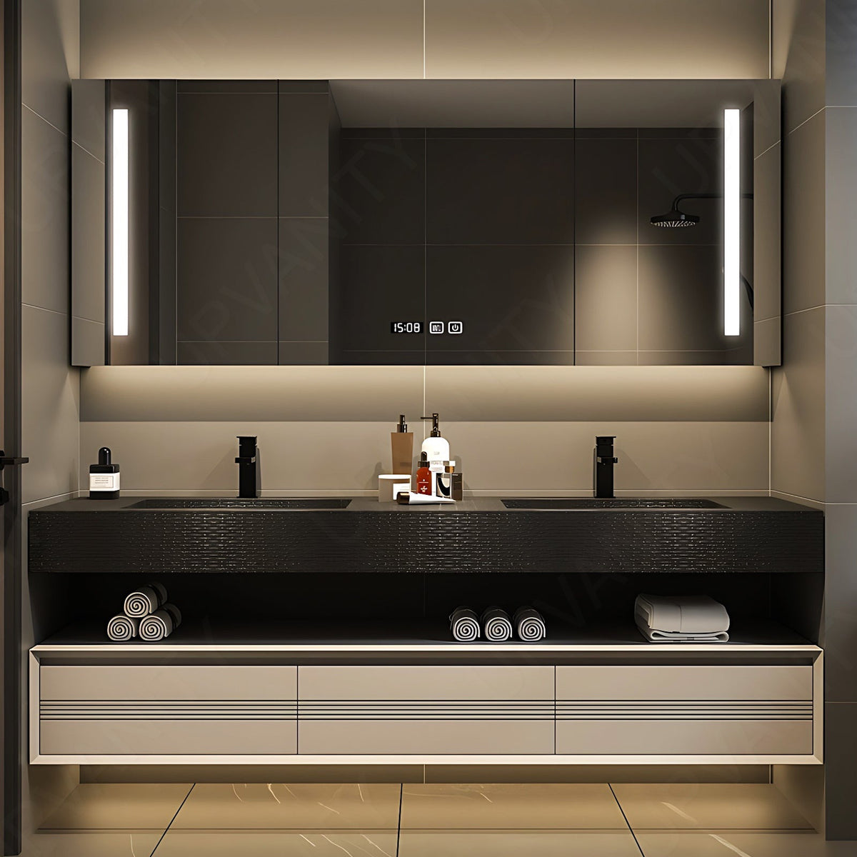 Modern Bath Vanity Set, Beige, Split Black Top, 56"- 78", Double, Floating, Smart LED Mirror, Rear Cabinet