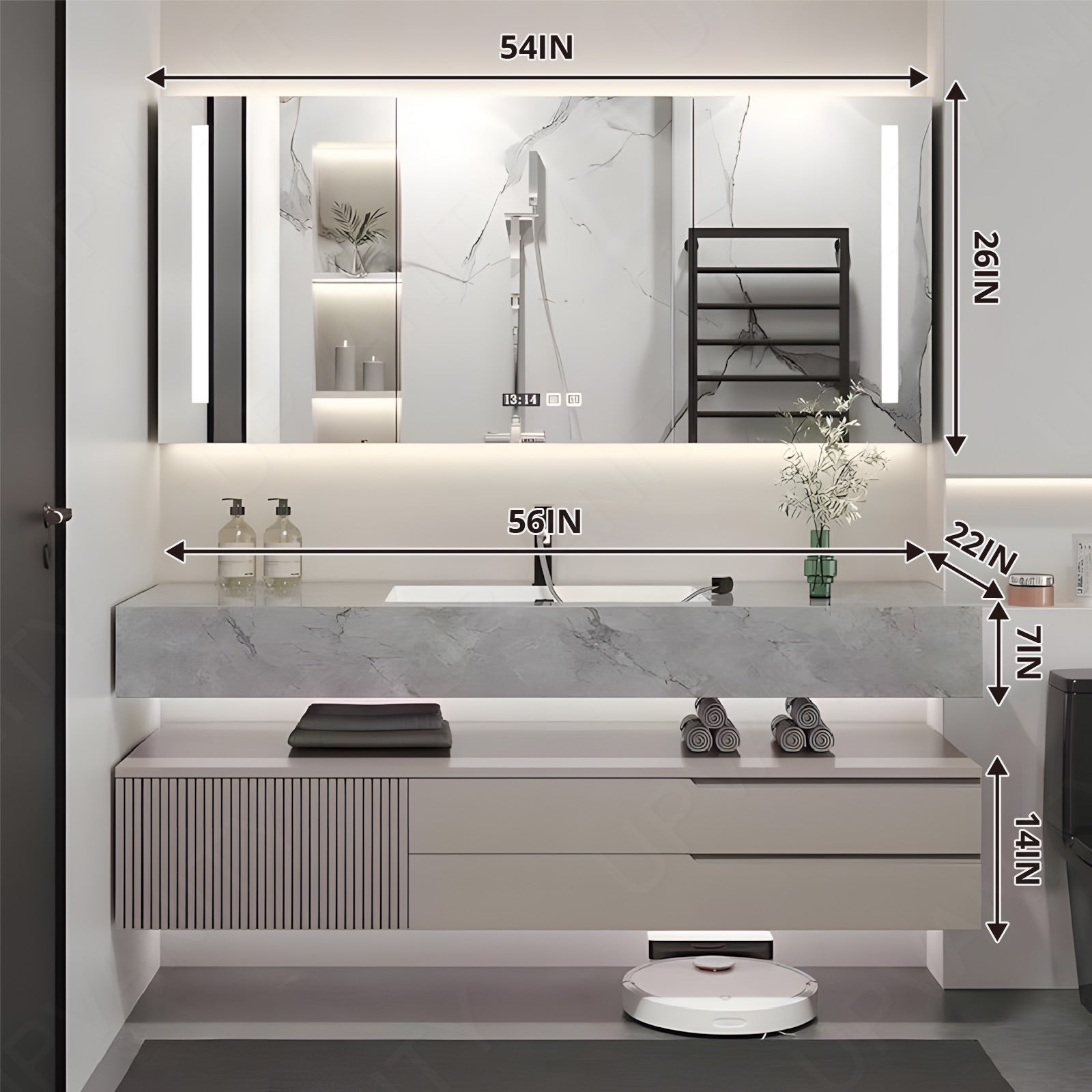 Modern Bath Vanity Set, Beige, Split Gray Top, 36"- 72", Single, Floating, Smart LED Mirror, Rear Cabinet