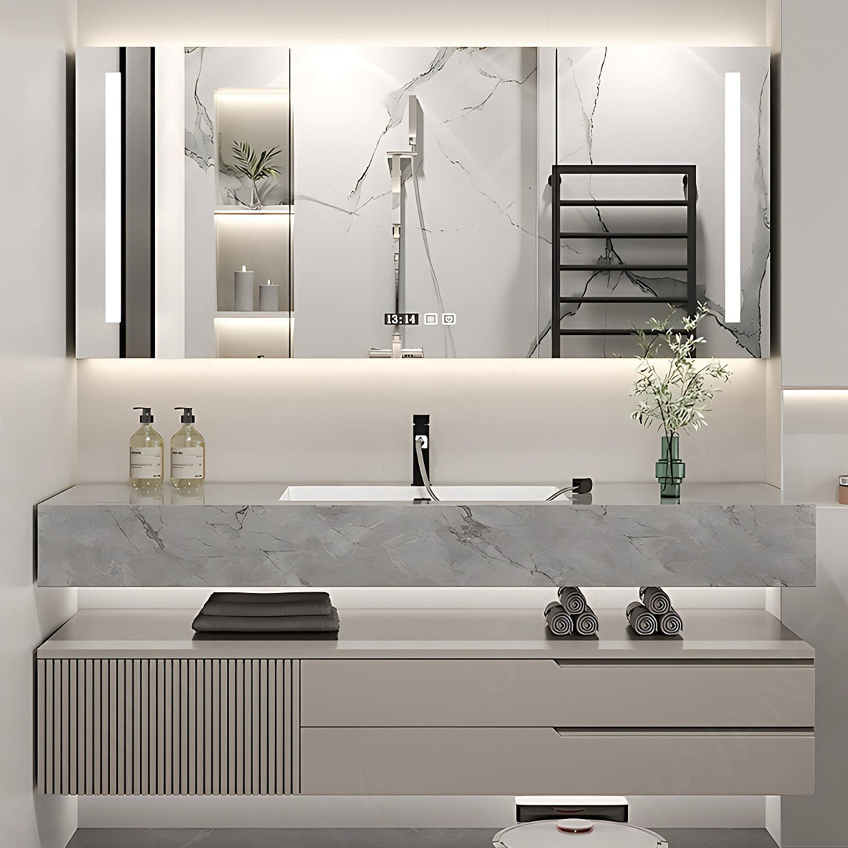 Modern Bath Vanity Set, Beige, Split Gray Top, 36"- 72", Single, Floating, Smart LED Mirror, Rear Cabinet
