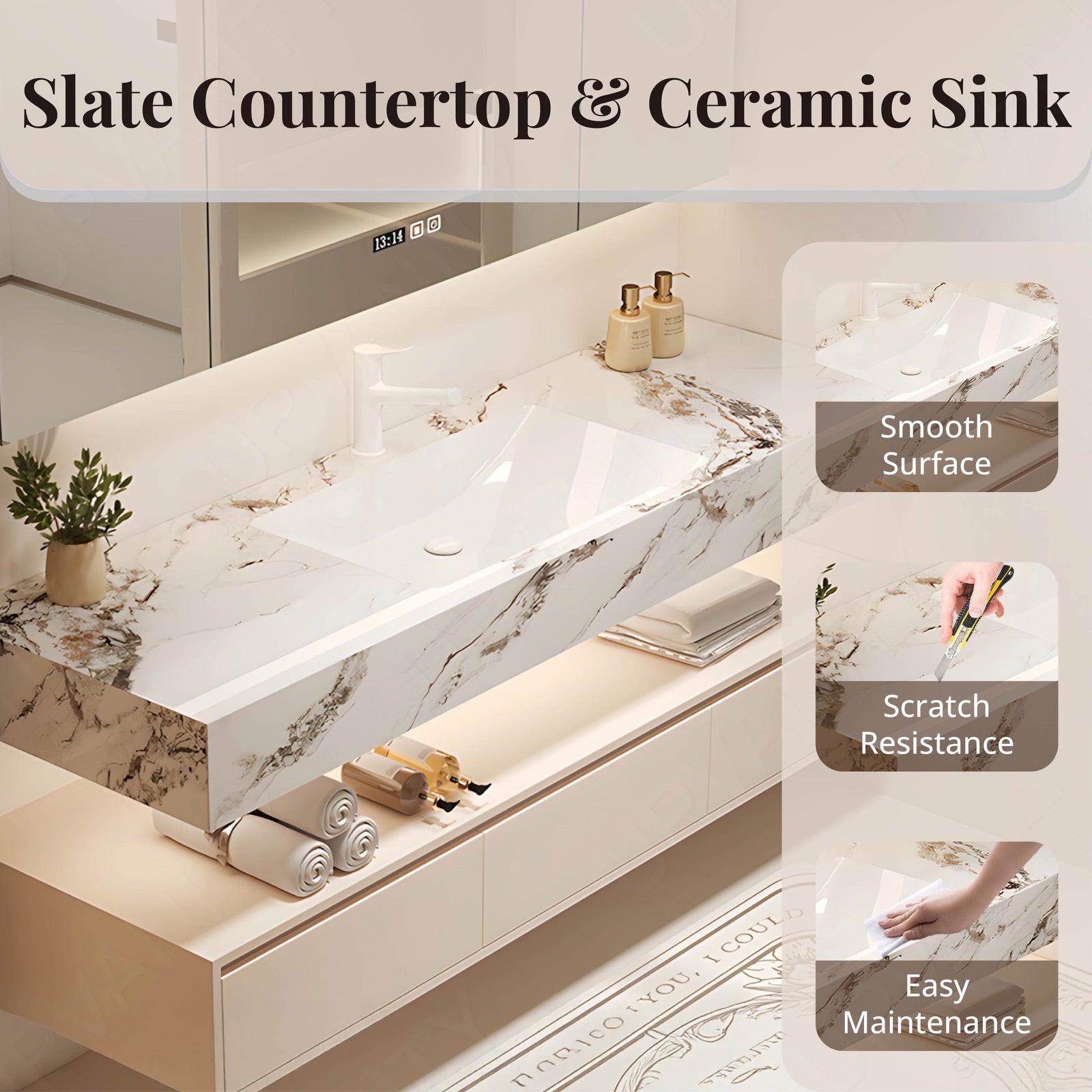 Modern Bath Vanity Set, Beige, Split Marble Textured Top, 36"-64", Single, Floating, Smart LED Mirror, Rear Cabinet
