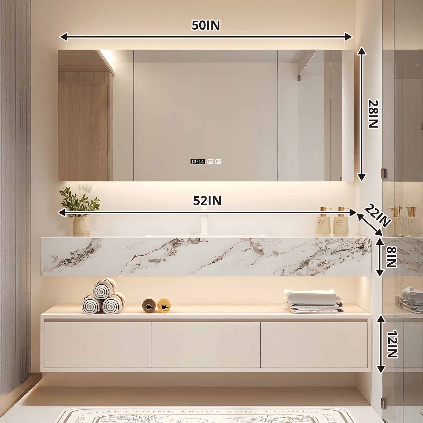 Modern Bath Vanity Set, Beige, Split Marble Textured Top, 36"-64", Single, Floating, Smart LED Mirror, Rear Cabinet