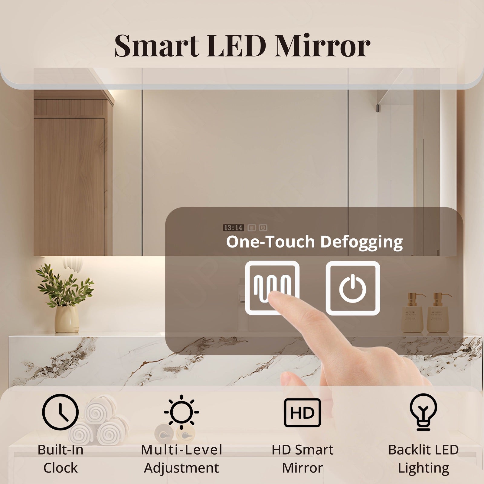 Modern Bath Vanity Set, Beige, Split Marble Textured Top, 36"-64", Single, Floating, Smart LED Mirror, Rear Cabinet