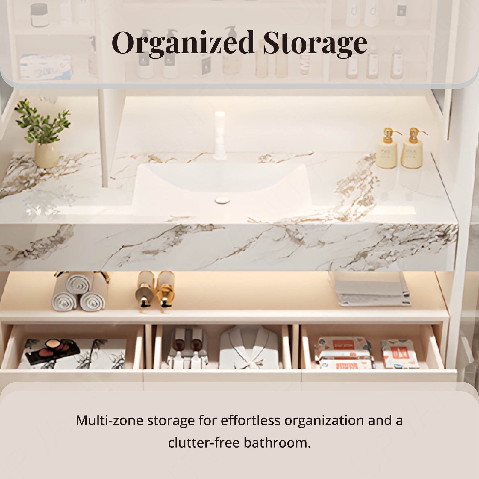 Modern Bath Vanity Set, Beige, Split Marble Textured Top, 36"-64", Single, Floating, Smart LED Mirror, Rear Cabinet