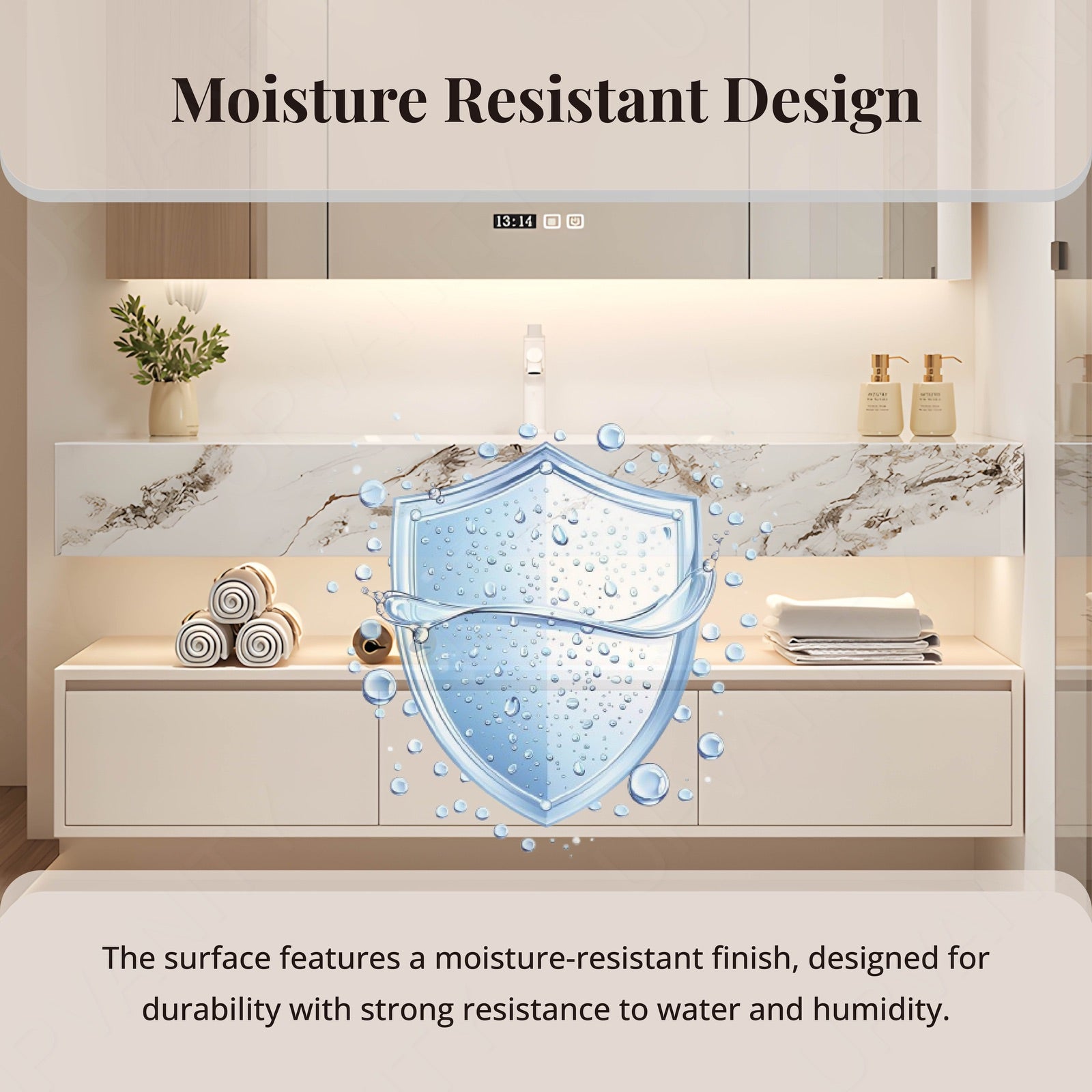 Modern Bath Vanity Set, Beige, Split Marble Textured Top, 36"-64", Single, Floating, Smart LED Mirror, Rear Cabinet