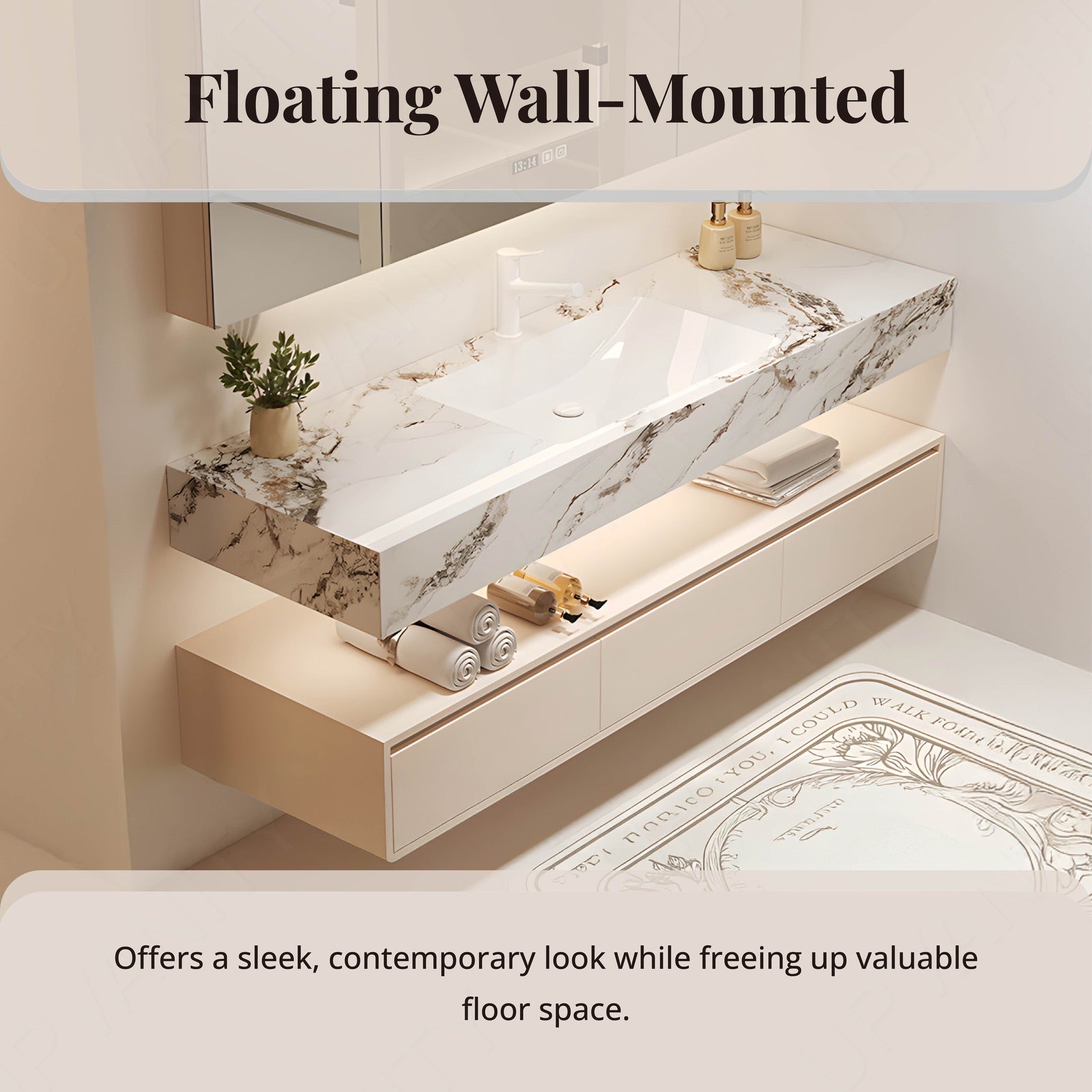 Modern Bath Vanity Set, Beige, Split Marble Textured Top, 36"-64", Single, Floating, Smart LED Mirror, Rear Cabinet