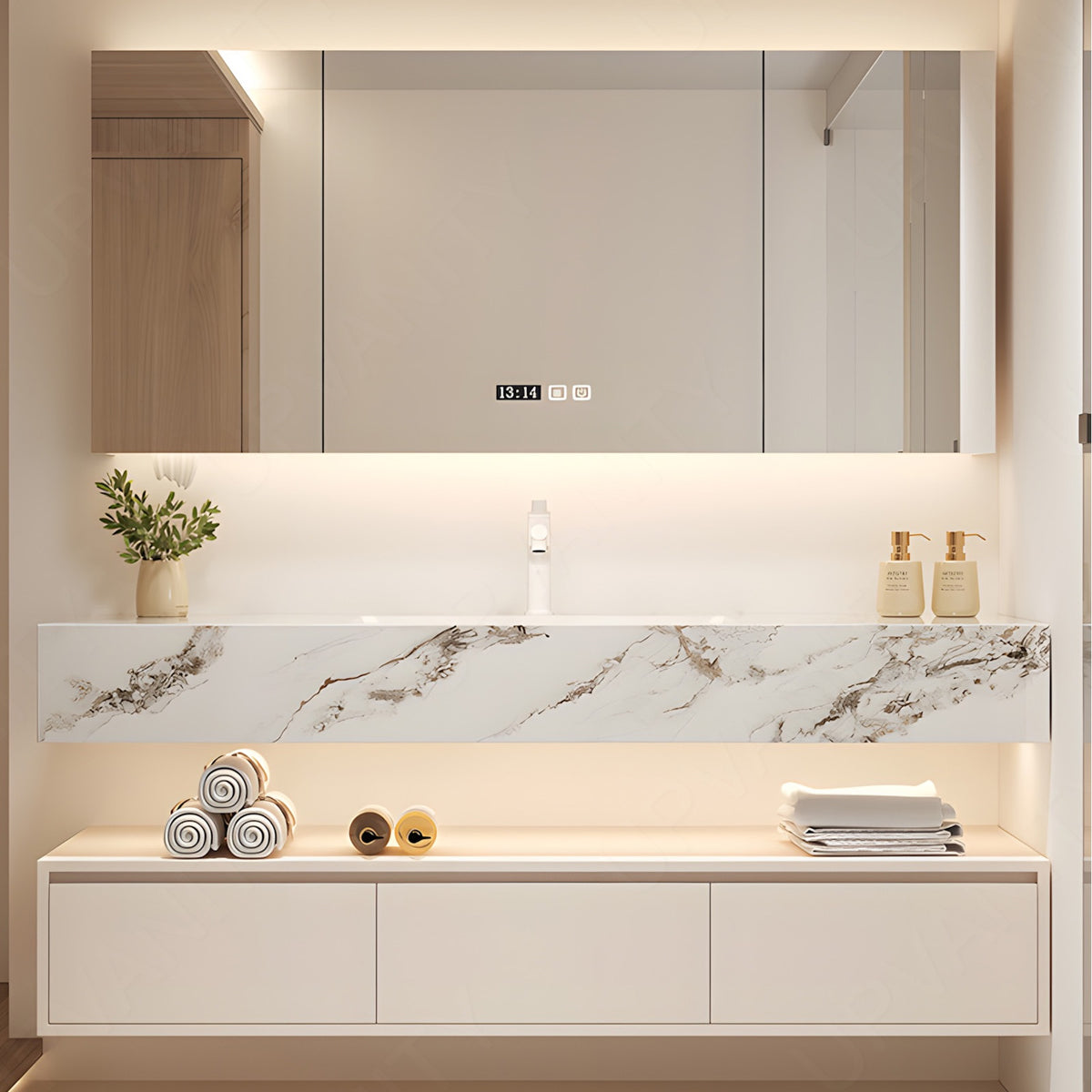 Modern Bath Vanity Set, Beige, Split Marble Textured Top, 36"-64", Single, Floating, Smart LED Mirror, Rear Cabinet