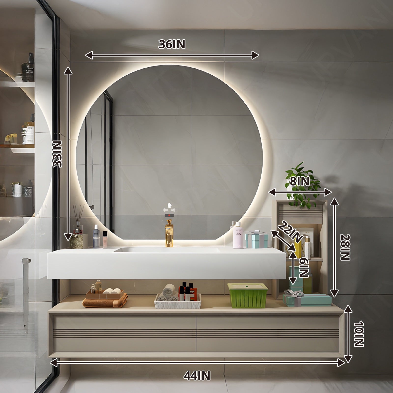 Modern Bath Vanity Set, Beige, Split White Top, 32"-72", Single, Floating, Open Storage, Round Smart LED Mirror