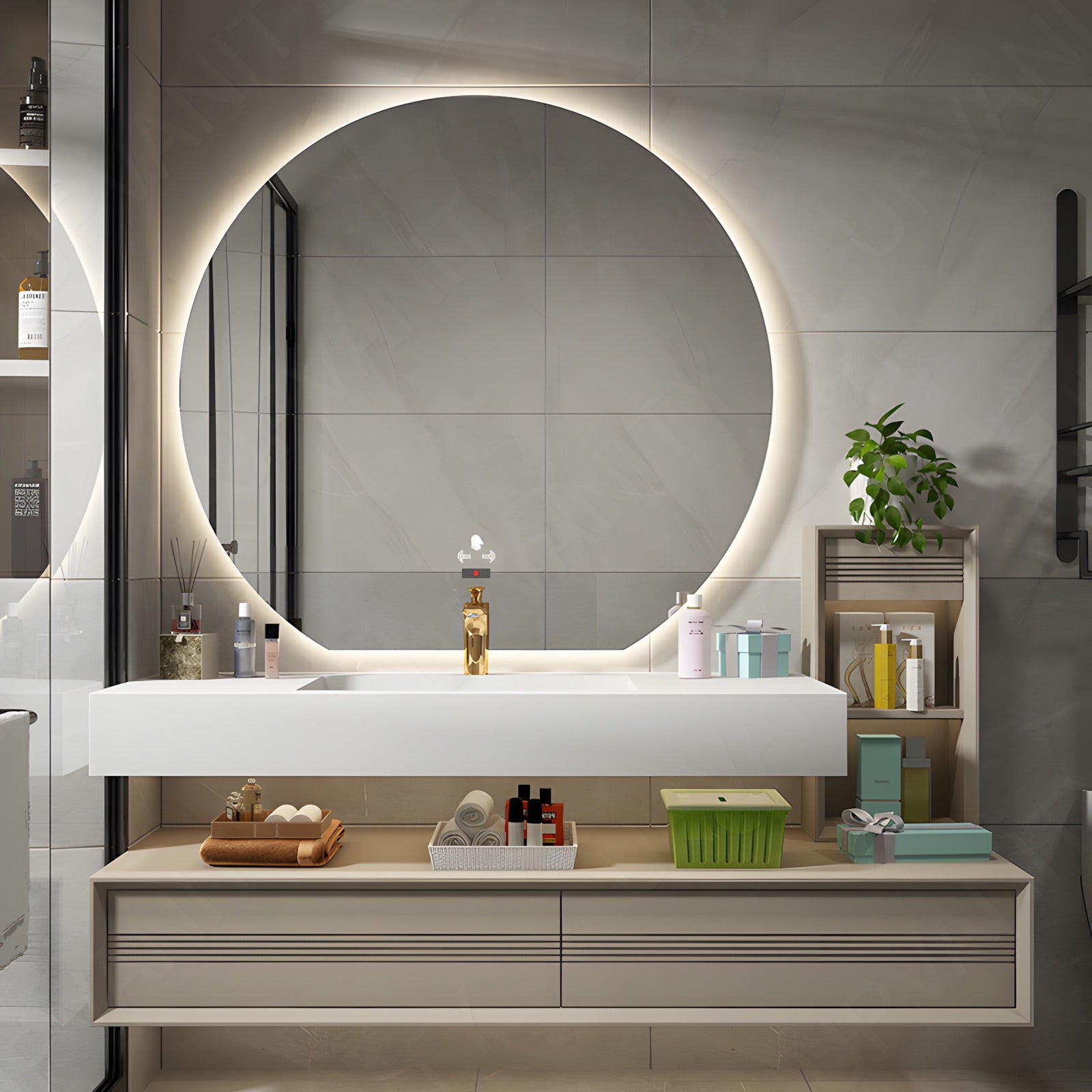 Modern Bath Vanity Set, Beige, Split White Top, 32"-72", Single, Floating, Open Storage, Round Smart LED Mirror