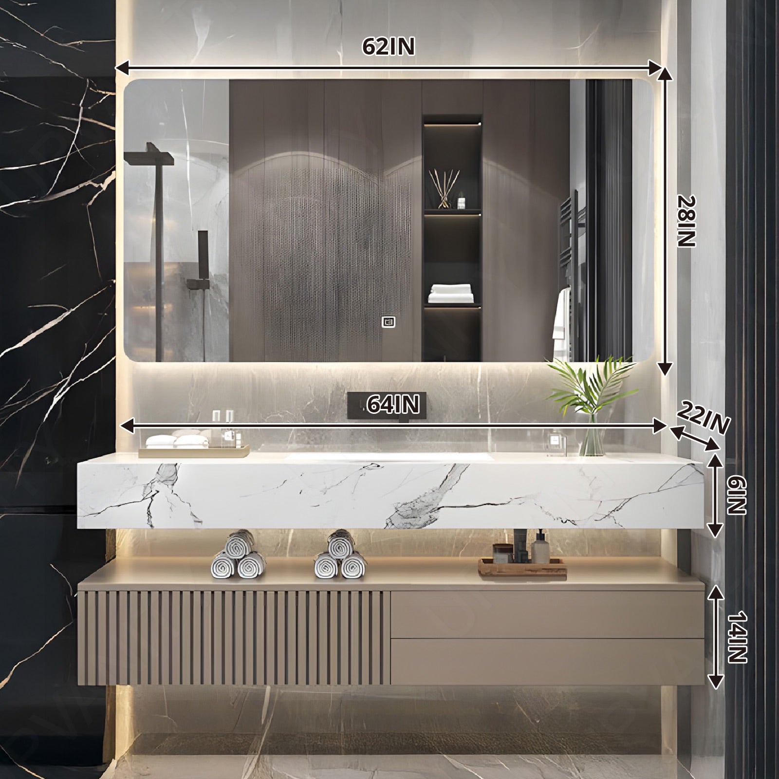 Modern Bath Vanity Set, Beige, Split White Top, 32"- 72", Single, Floating, Striped Panel, Smart LED Mirror