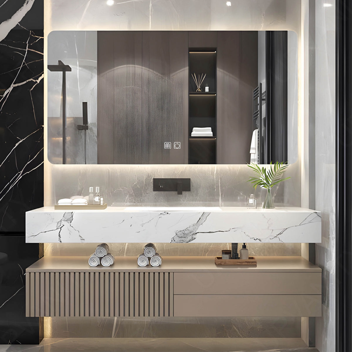 Modern Bath Vanity Set, Beige, Split White Top, 32"- 72", Single, Floating, Striped Panel, Smart LED Mirror