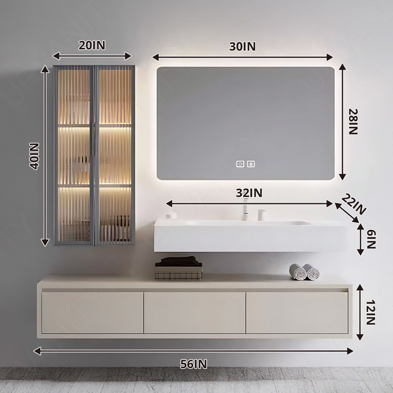 Modern Bath Vanity Set, Beige, Split White Top, 36"- 72", Single, Floating, Smart LED Mirror, Line Cabinet