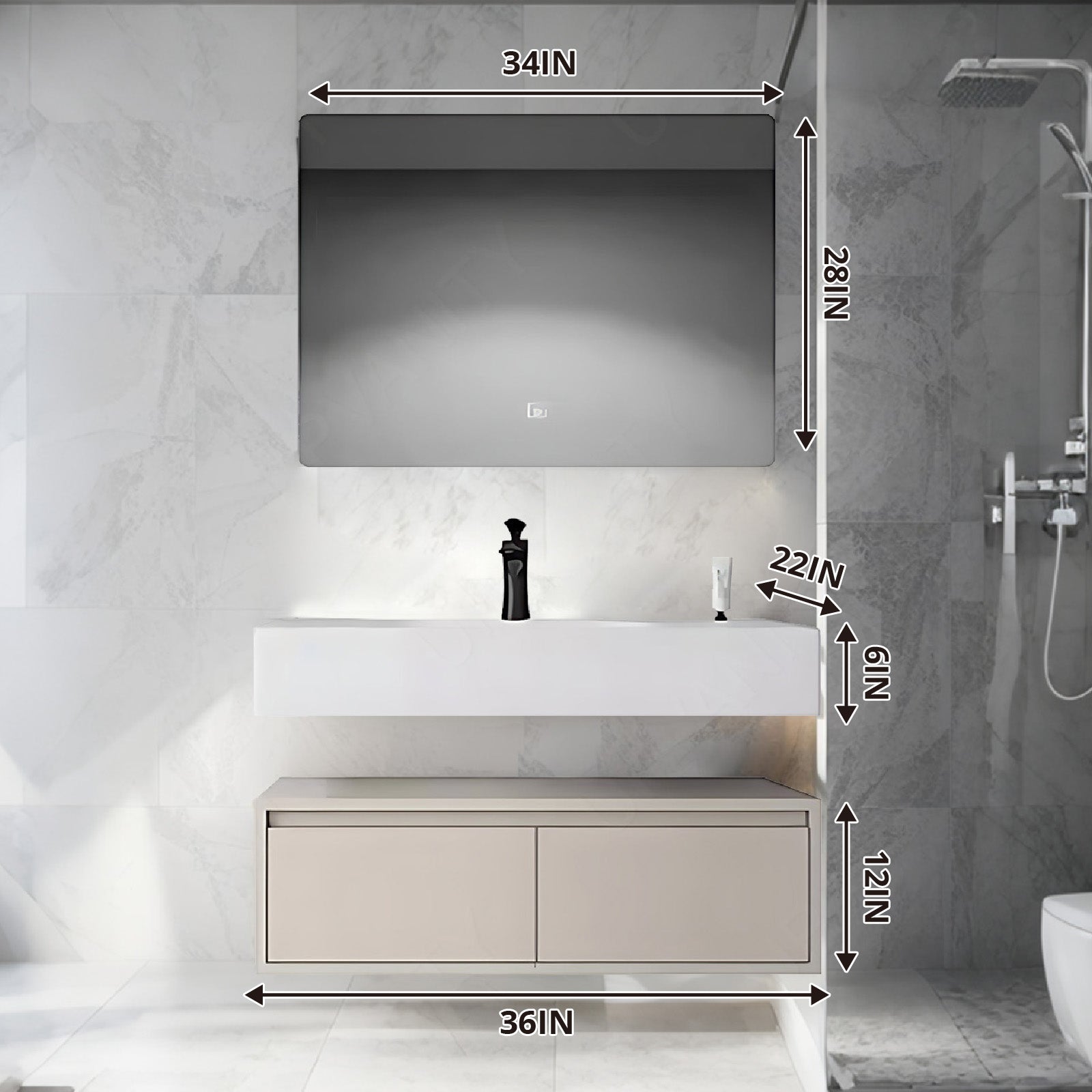 Modern Bath Vanity Set, Beige, Split White Top, 36"- 72", Single, Floating, Smart LED Mirror, Line Cabinet