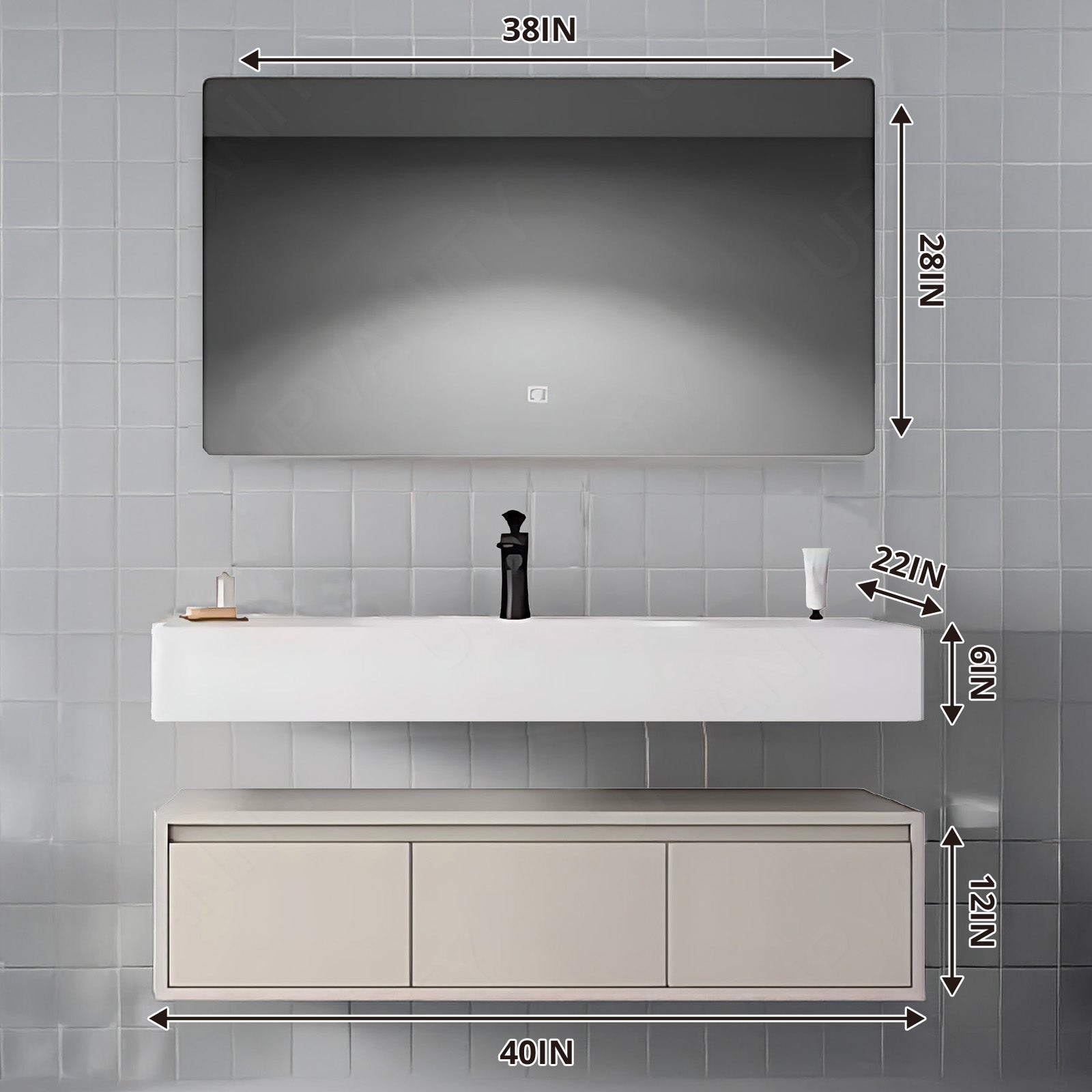 Modern Bath Vanity Set, Beige, Split White Top, 36"- 72", Single, Floating, Smart LED Mirror, Line Cabinet