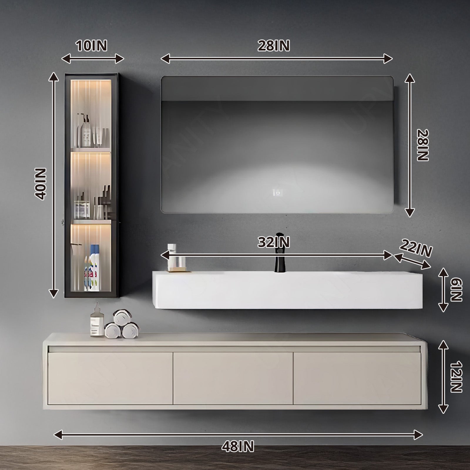 Modern Bath Vanity Set, Beige, Split White Top, 36"- 72", Single, Floating, Smart LED Mirror, Line Cabinet