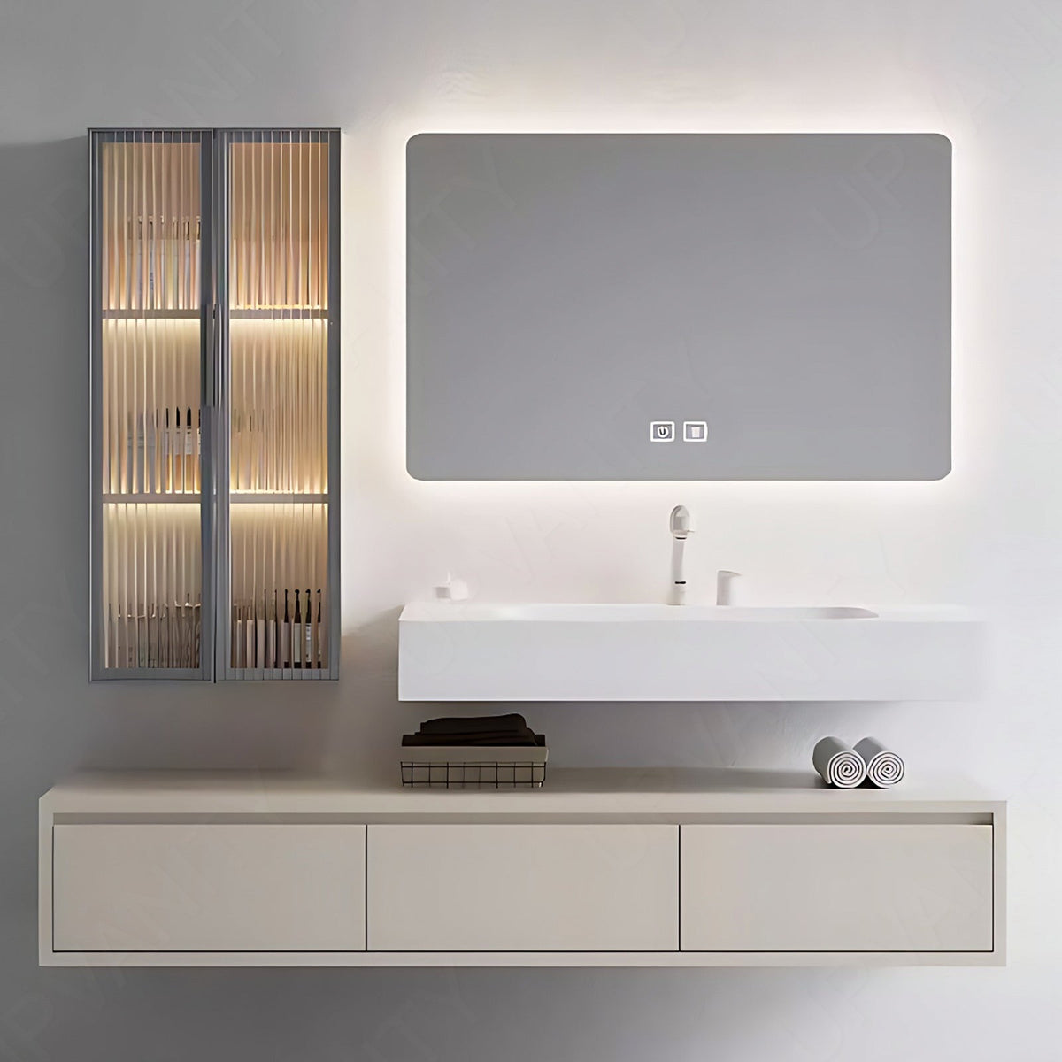 Modern Bath Vanity Set, Beige, Split White Top, 36"- 72", Single, Floating, Smart LED Mirror, Line Cabinet