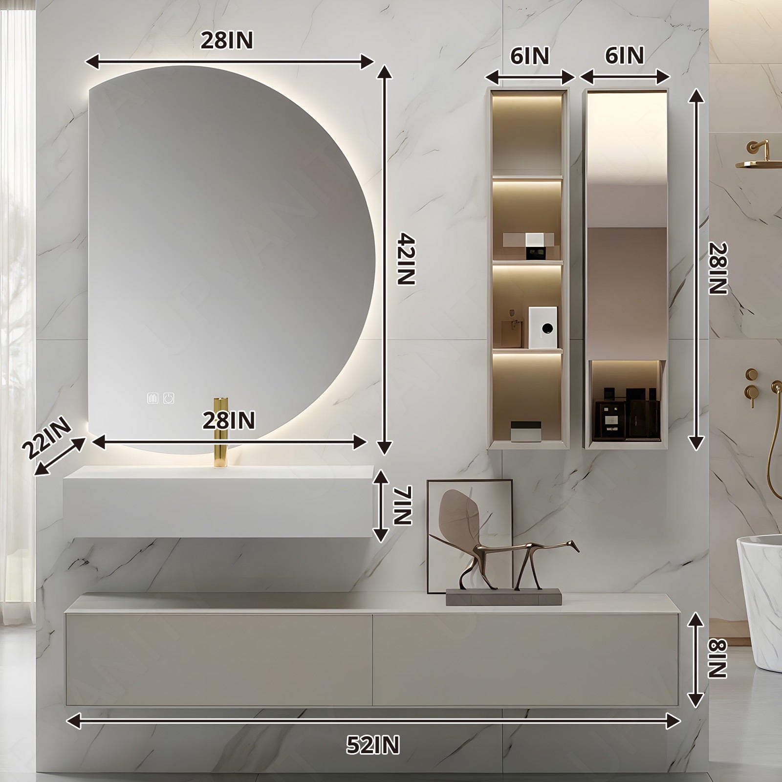 Modern Bath Vanity Set, Beige, Split White Top, 48"-64", Single, Floating, Smart LED Mirror, Side Cabinet