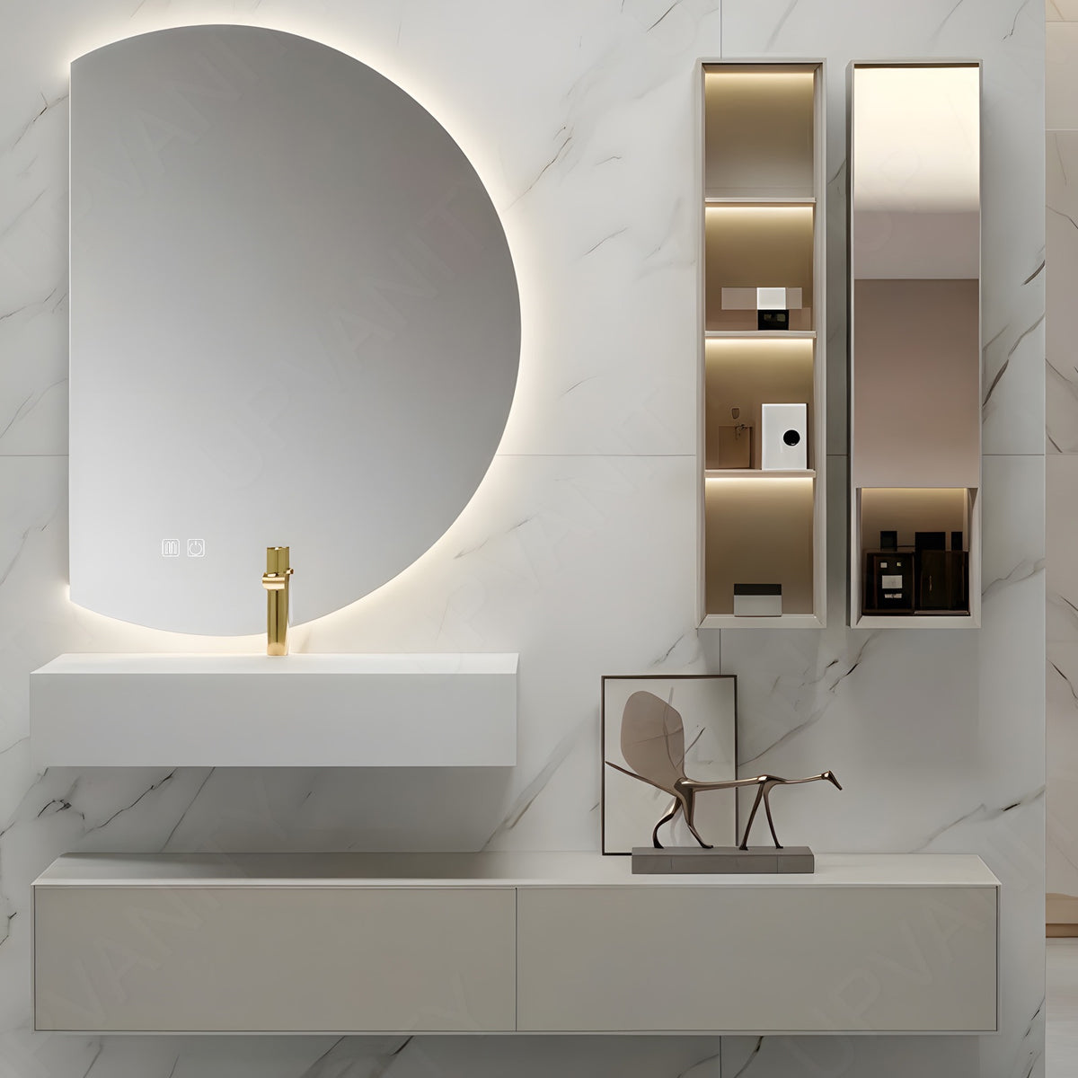 Modern Bath Vanity Set, Beige, Split White Top, 48"-64", Single, Floating, Smart LED Mirror, Side Cabinet