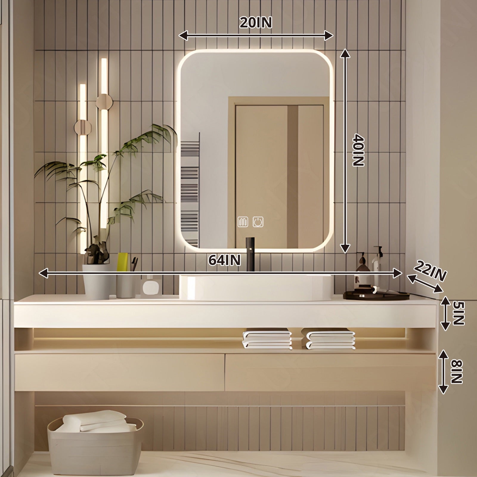 Modern Bath Vanity Set, Beige, Split White Top, 52"-78", Single Vessel Sink, Floating, Smart LED Mirror