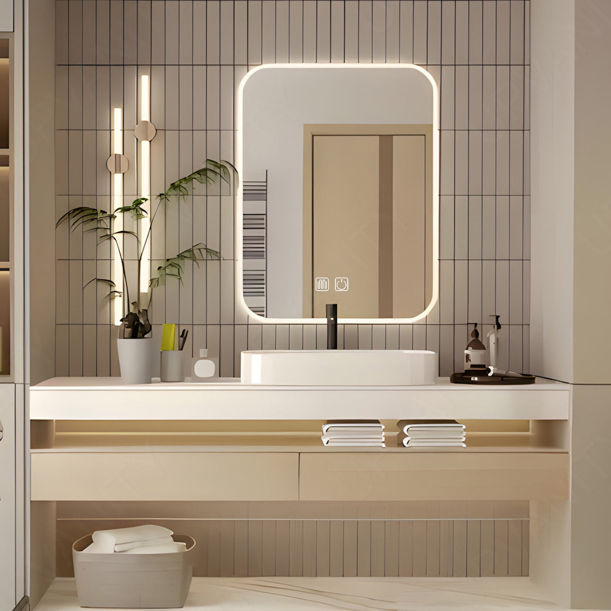 Modern Bath Vanity Set, Beige, Split White Top, 52"-78", Single Vessel Sink, Floating, Smart LED Mirror