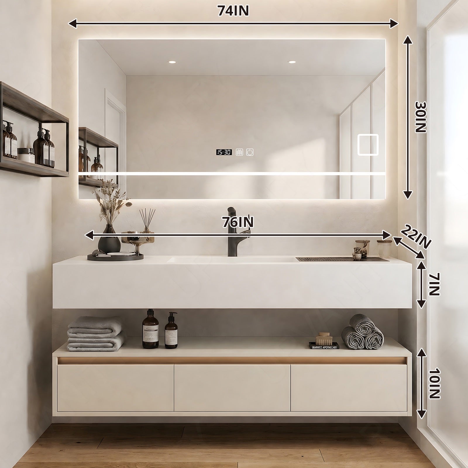 Modern Bath Vanity Set, Beige, Split White Top, Open Storage, 36“-76”, Single, Floating, Smart LED Mirror, Sensor Light