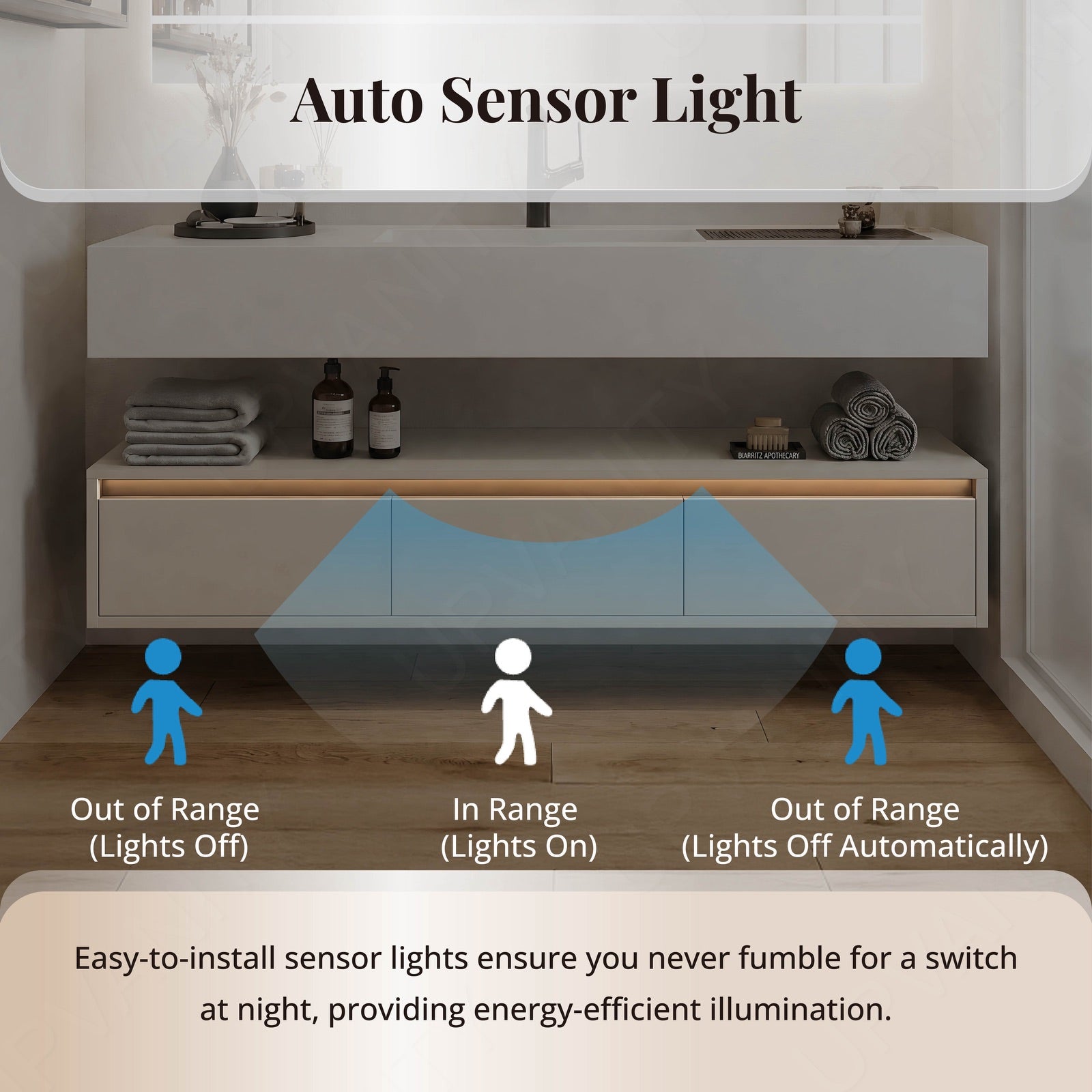 Modern Bath Vanity Set, Beige, Split White Top, Open Storage, 36“-76”, Single, Floating, Smart LED Mirror, Sensor Light