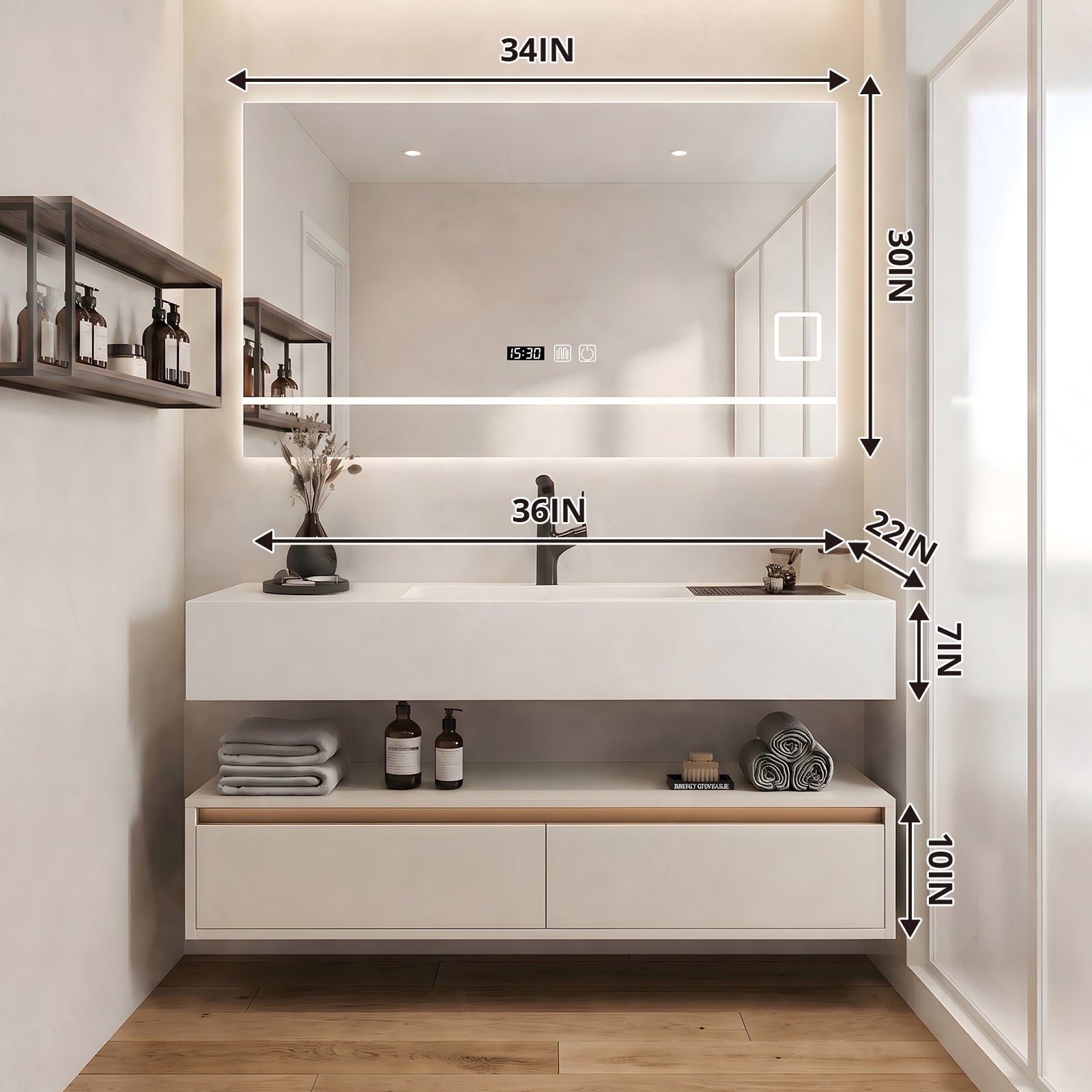 Modern Bath Vanity Set, Beige, Split White Top, Open Storage, 36“-76”, Single, Floating, Smart LED Mirror, Sensor Light