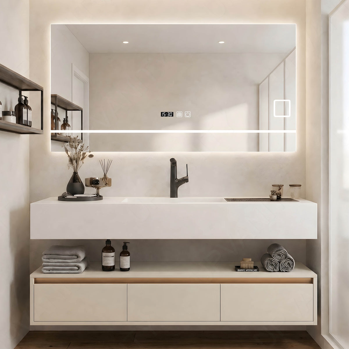 Modern Bath Vanity Set, Beige, Split White Top, Open Storage, 36“-76”, Single, Floating, Smart LED Mirror, Sensor Light