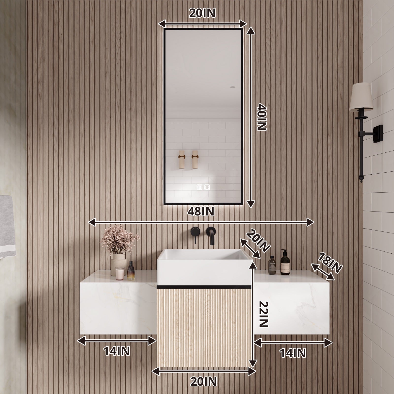 Modern Bath Vanity Set, Beige, Striped Panel, 20"-76", Single/Double, Floating, Smart LED Mirror