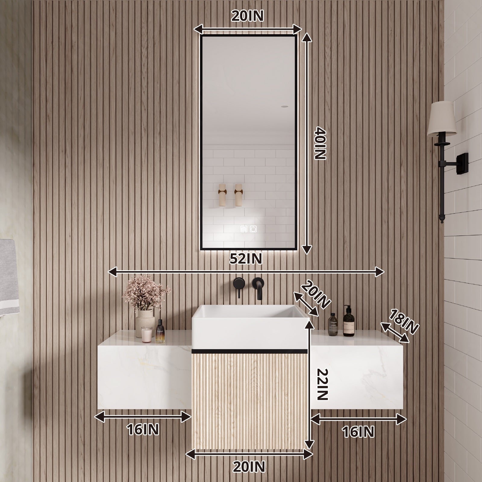 Modern Bath Vanity Set, Beige, Striped Panel, 20"-76", Single/Double, Floating, Smart LED Mirror