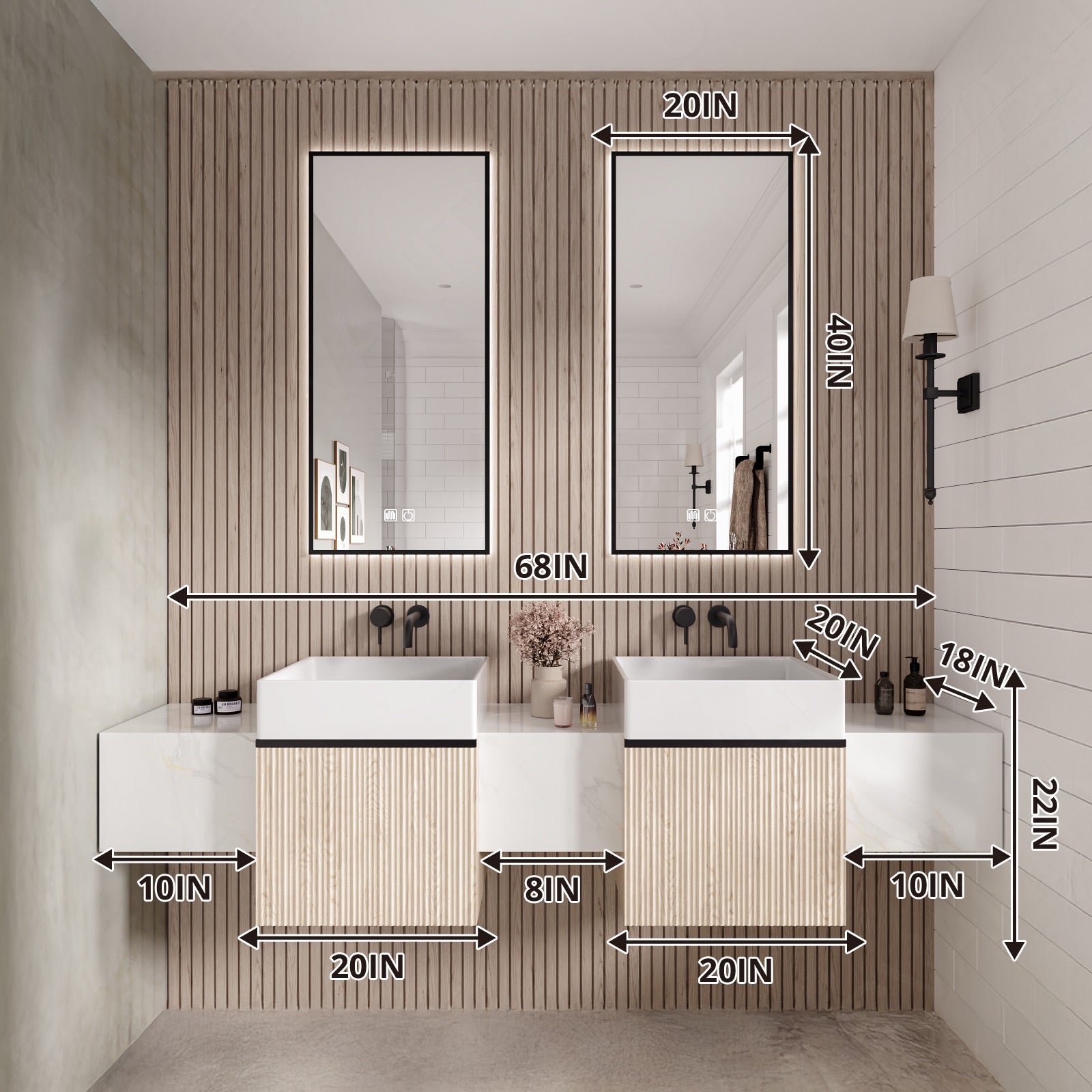 Modern Bath Vanity Set, Beige, Striped Panel, 20"-76", Single/Double, Floating, Smart LED Mirror