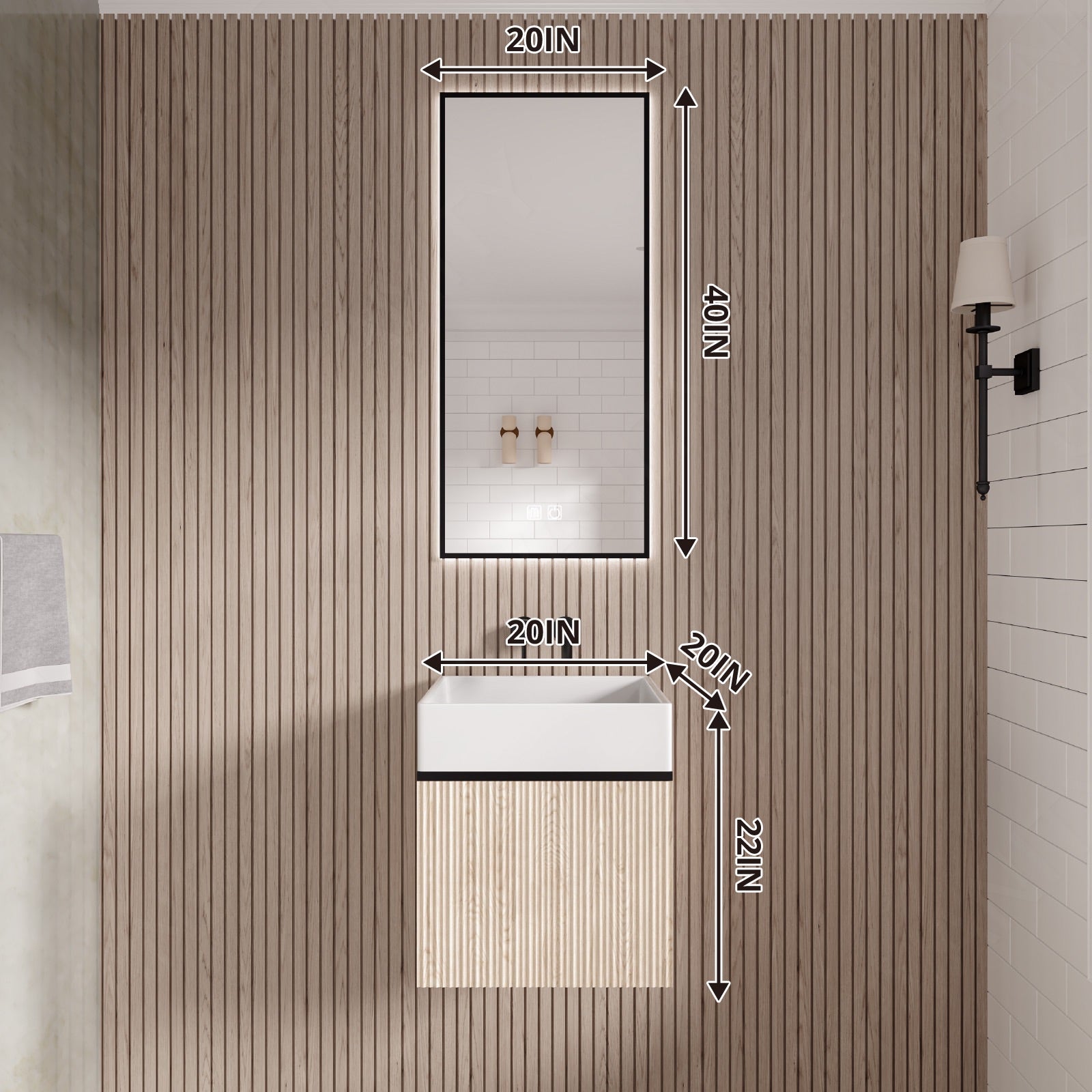 Modern Bath Vanity Set, Beige, Striped Panel, 20"-76", Single/Double, Floating, Smart LED Mirror