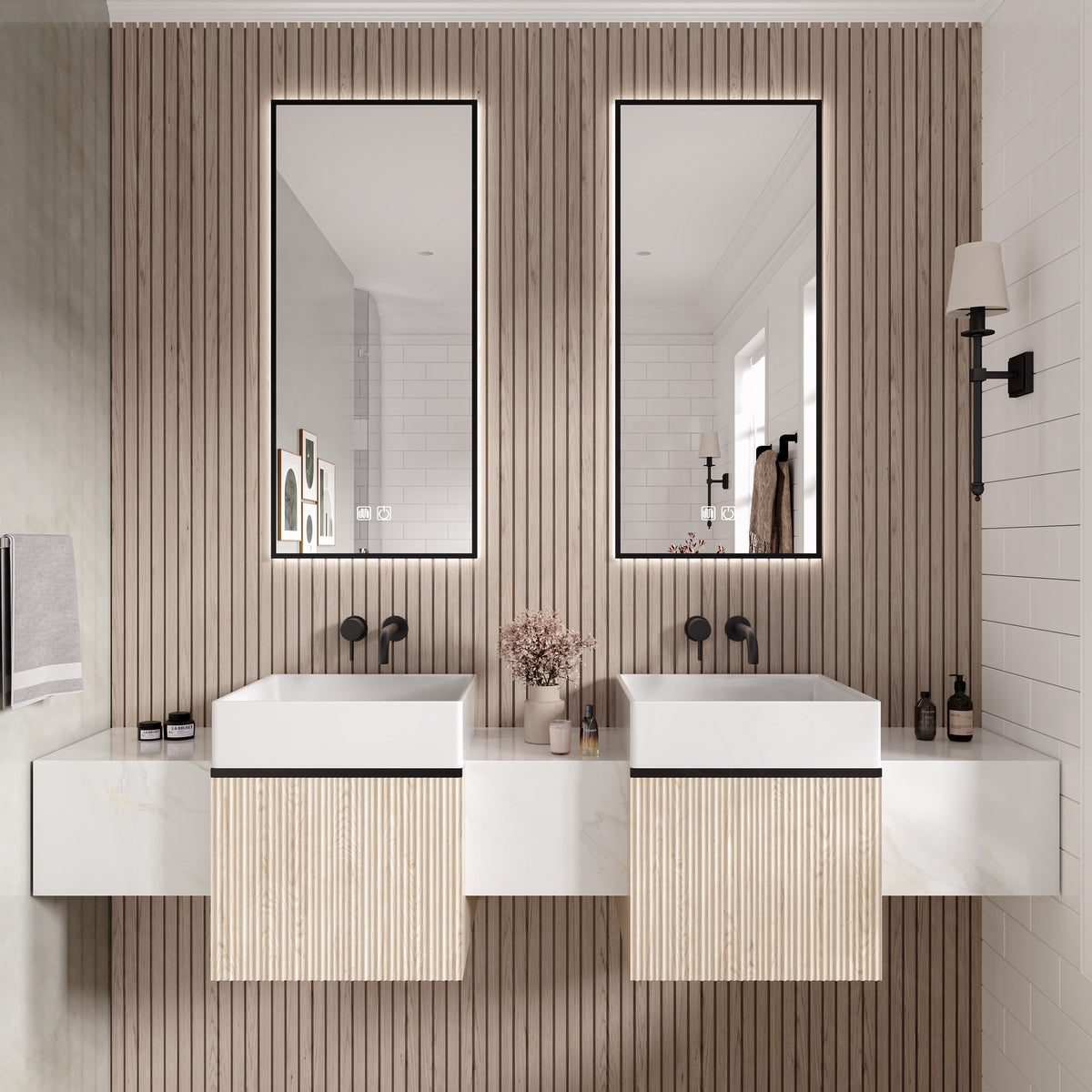 Modern Bath Vanity Set, Beige, Striped Panel, 20"-76", Single/Double, Floating, Smart LED Mirror
